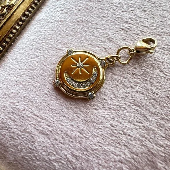 Moon & Star Charm Pendant 18k Gold PVD Stainless Steel Micro Crystals w/ Clasp - Picture 12 of 13